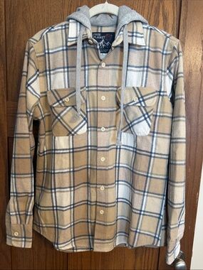 Free Planet Tan and Blue Plaid Hooded Button-Down Shirt